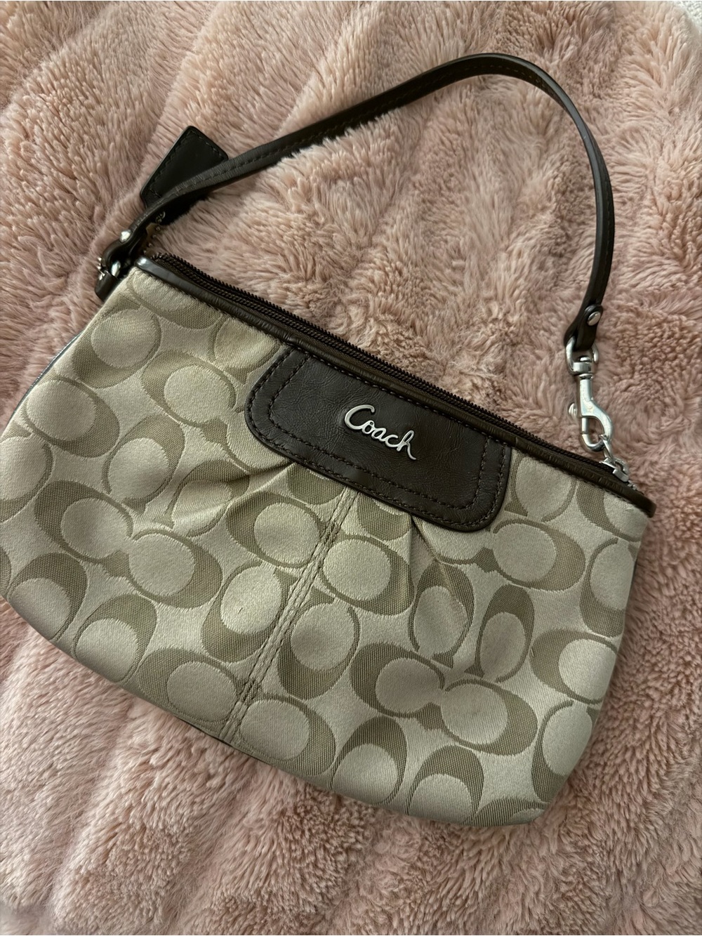 Coach Khaki Signature Wristlet with Chocolate Trim